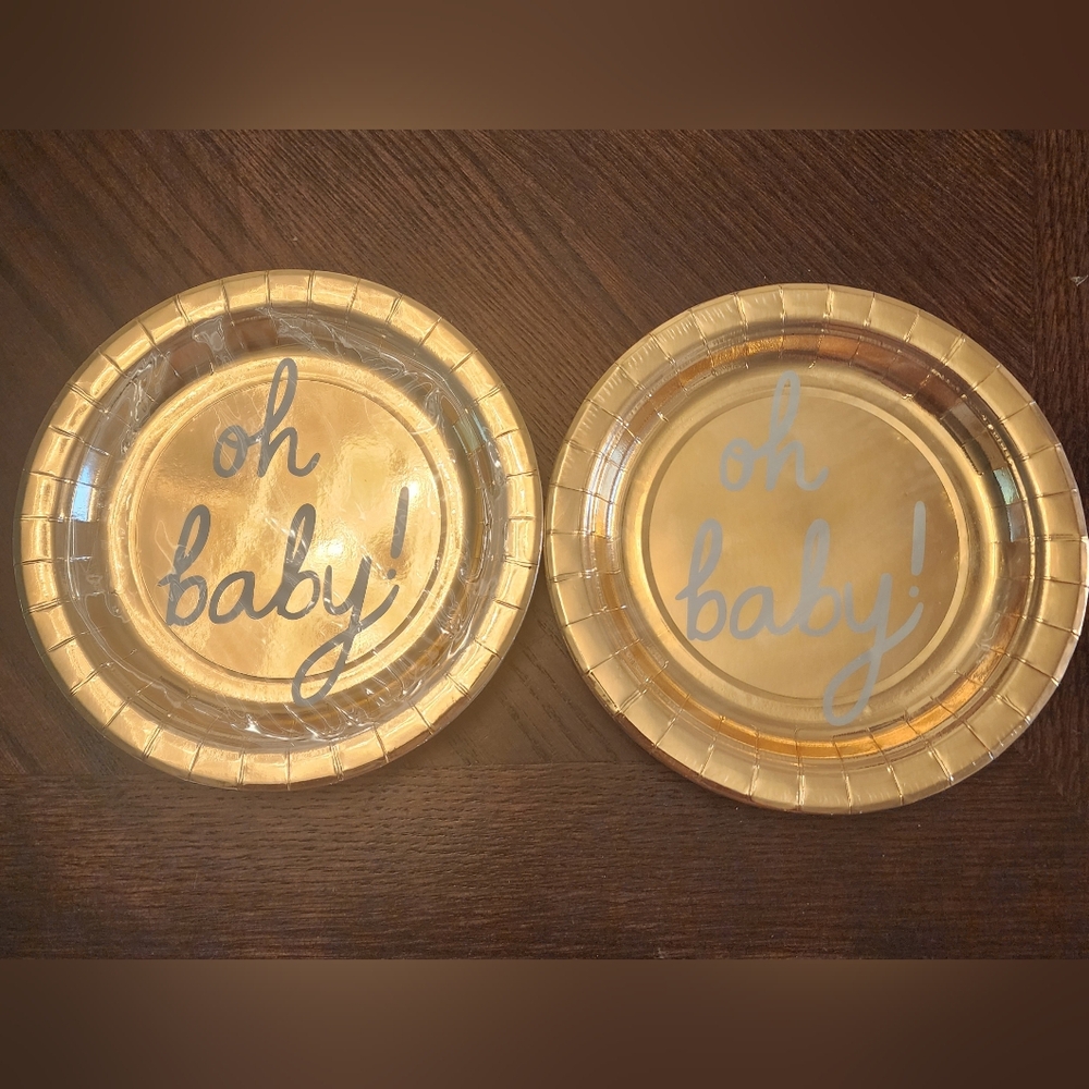 7in Gold Party Snack Plates with 'oh baby!' Design 40qty